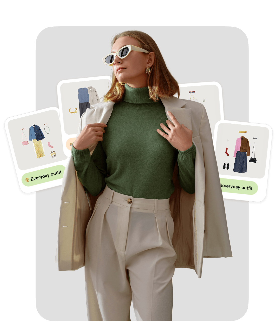 Styled model with personalized outfit cards